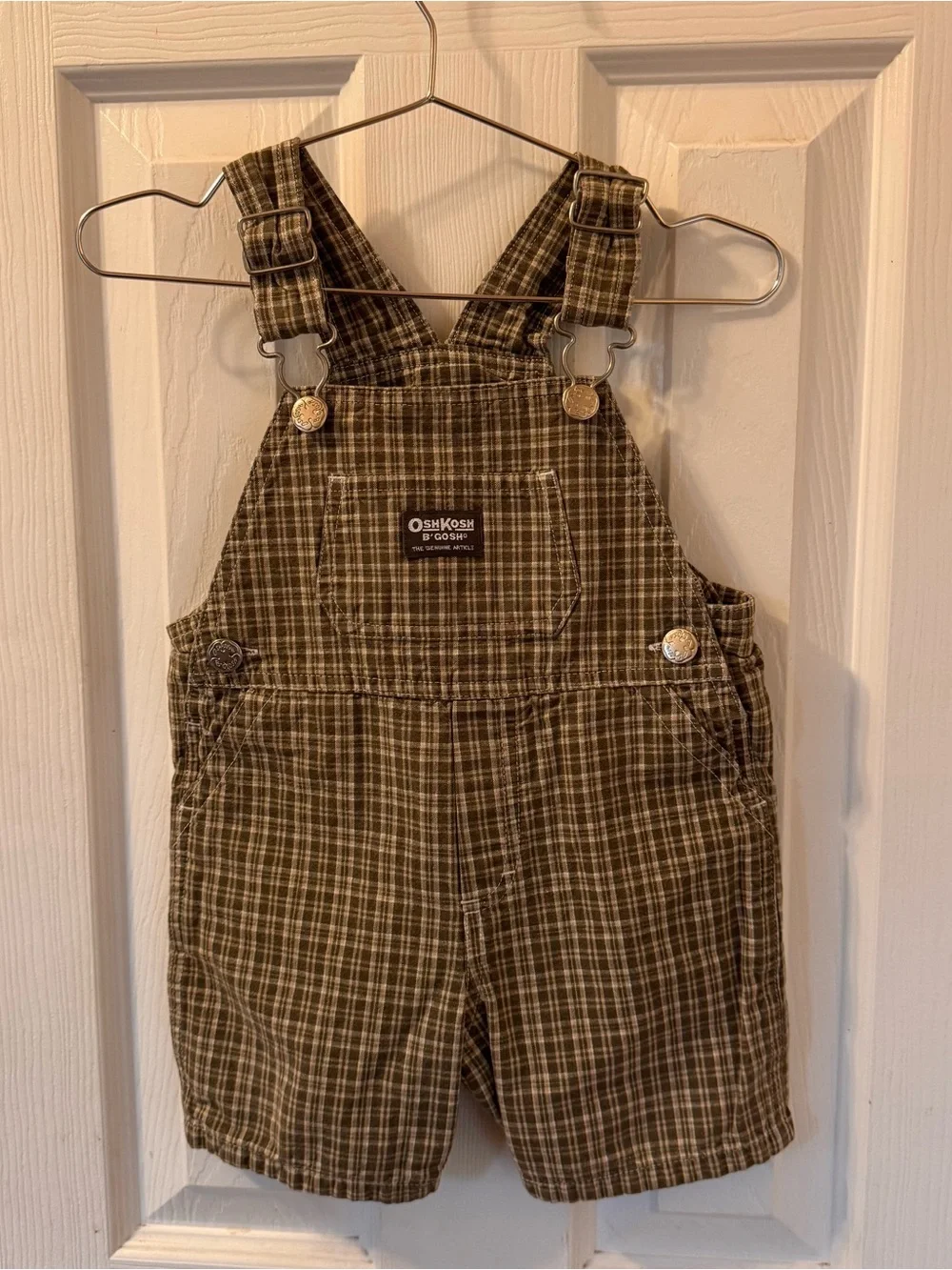Vintage OshKosh B'gosh Plaid short Overalls Olive green check Vestbak Tide tag